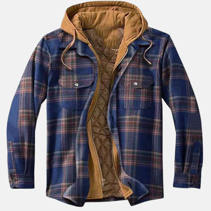 Marcus blue plaid hooded flannel jacket, front view open