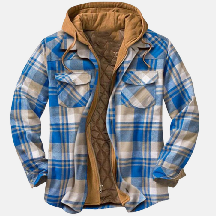 Marcus blue and tan plaid hooded flannel jacket, front view open