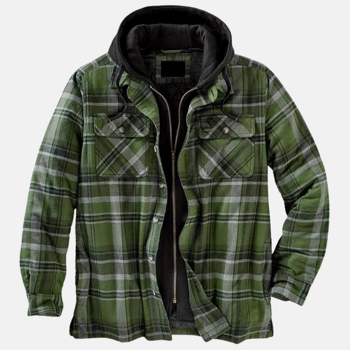 Marcus green plaid hooded flannel jacket, front view open