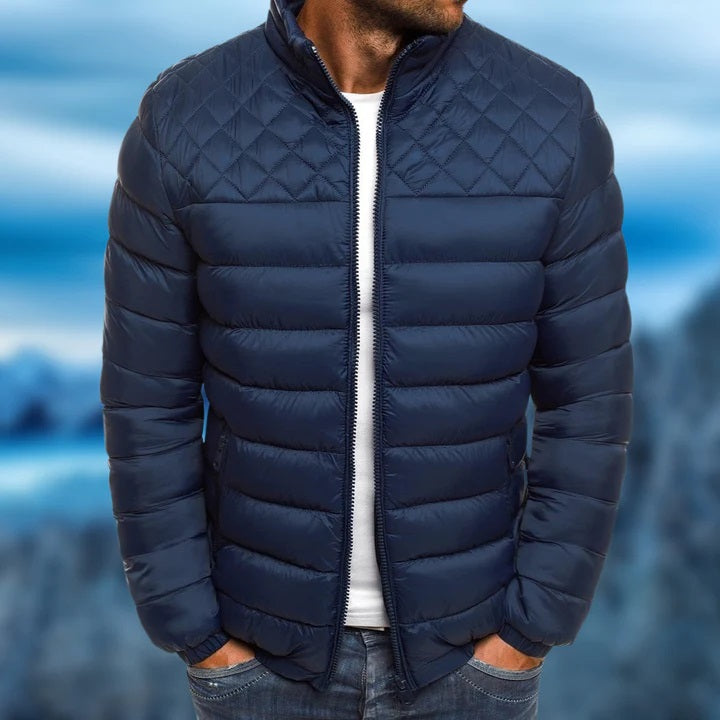 Navy blue Marcus quilted stand collar puffer jacket, front view