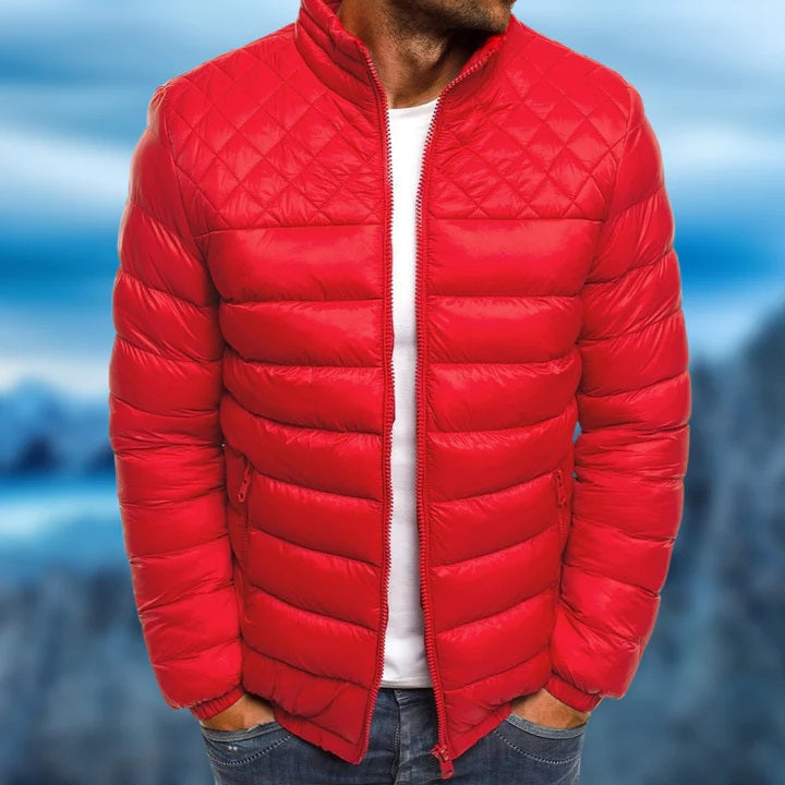 Red Marcus quilted stand collar puffer jacket, front view