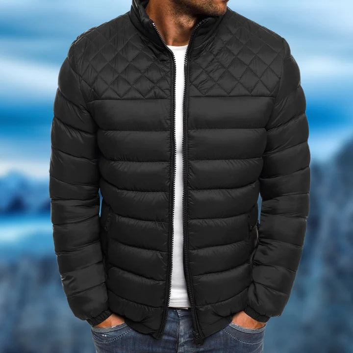 Black Marcus quilted stand collar puffer jacket, front view