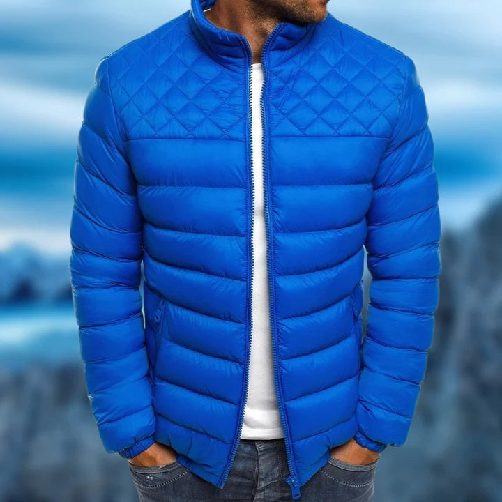 Blue Marcus quilted stand collar puffer jacket, front view
