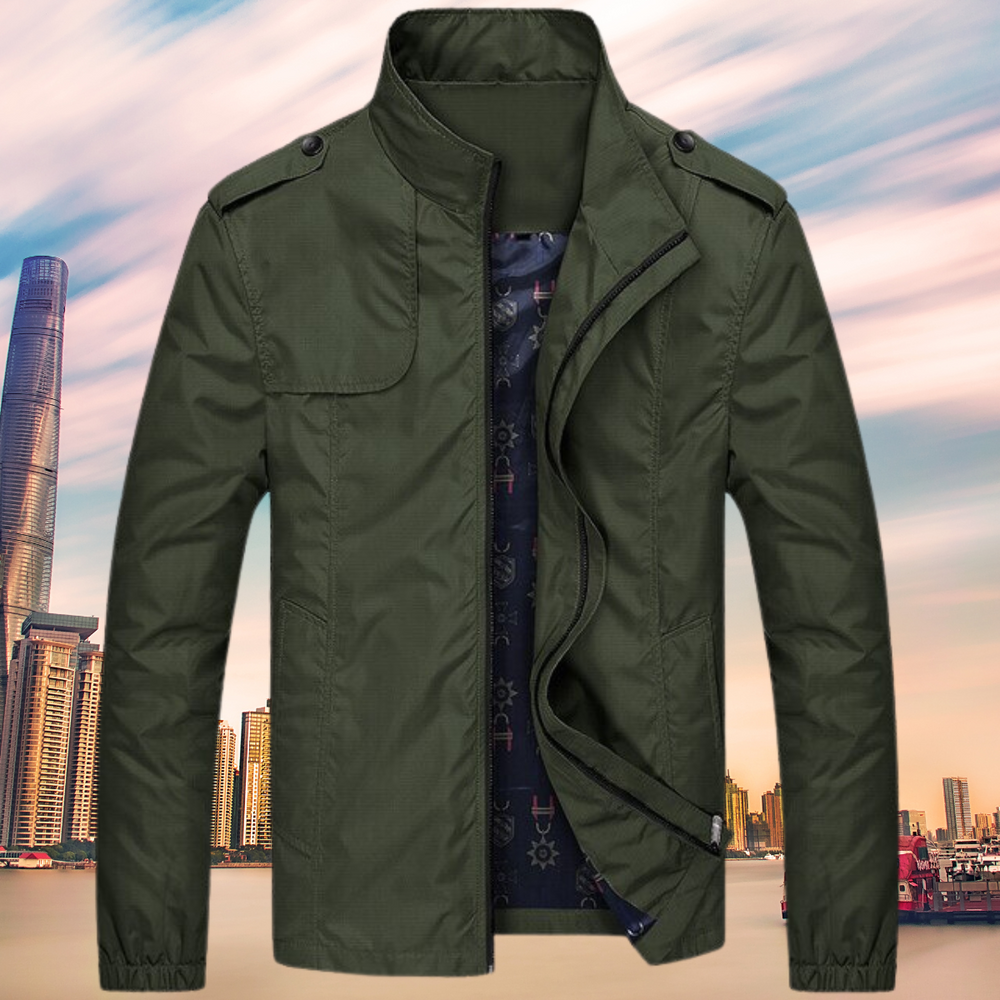 Marcus olive green slim fit windbreaker jacket, front view open