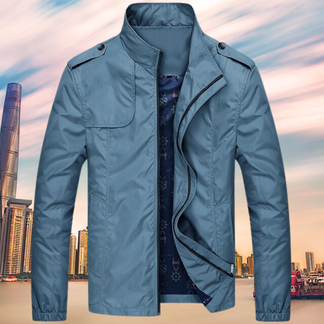 Marcus blue slim fit windbreaker jacket, front view open