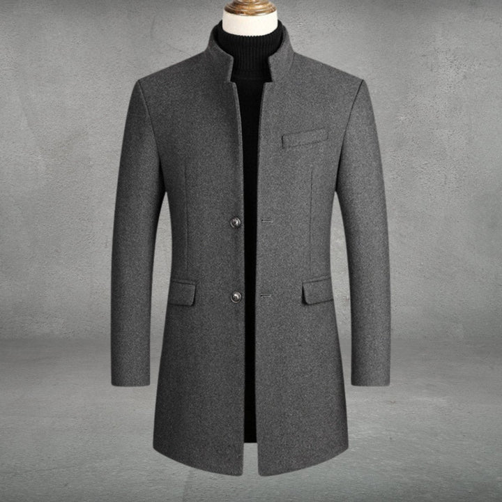 Marcus slim-fit standing collar long winter coat in gray, front view
