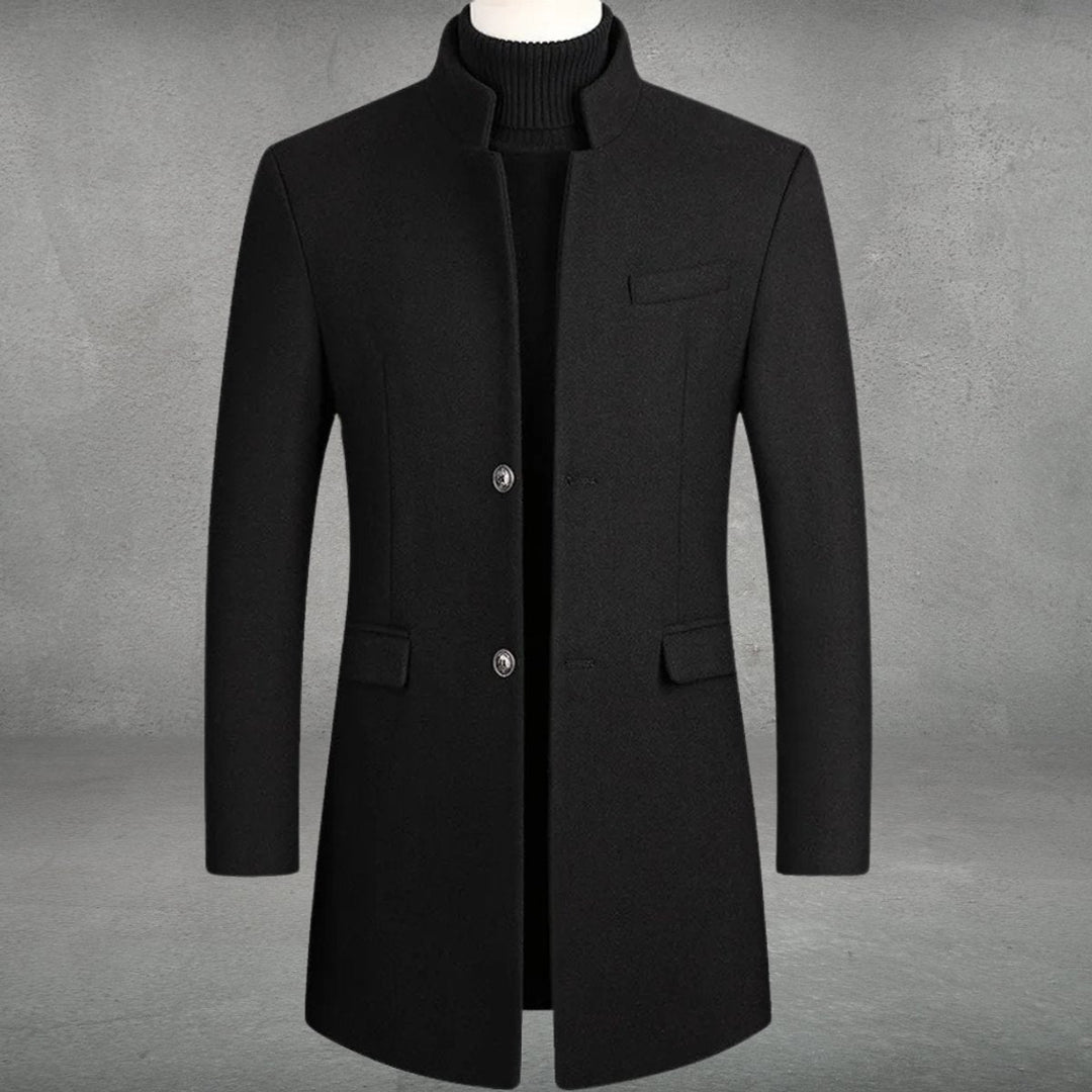 Marcus slim-fit standing collar long winter coat in black, front view