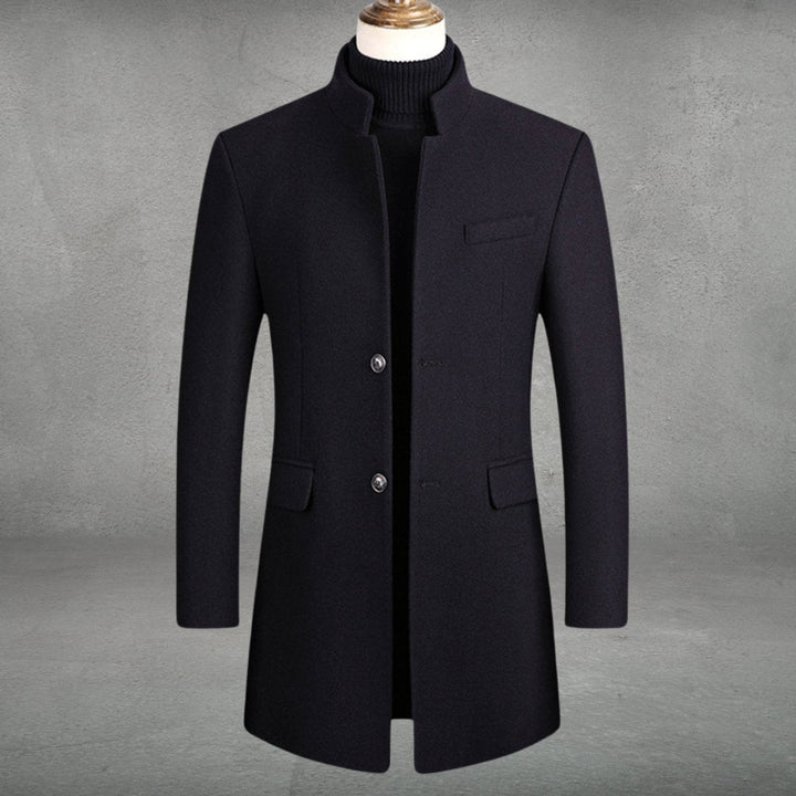 Marcus slim-fit standing collar long winter coat in navy blue, front view
