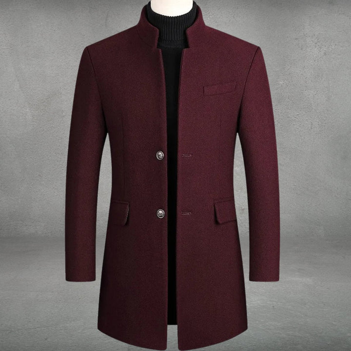 Marcus slim-fit standing collar long winter coat in burgundy, front view