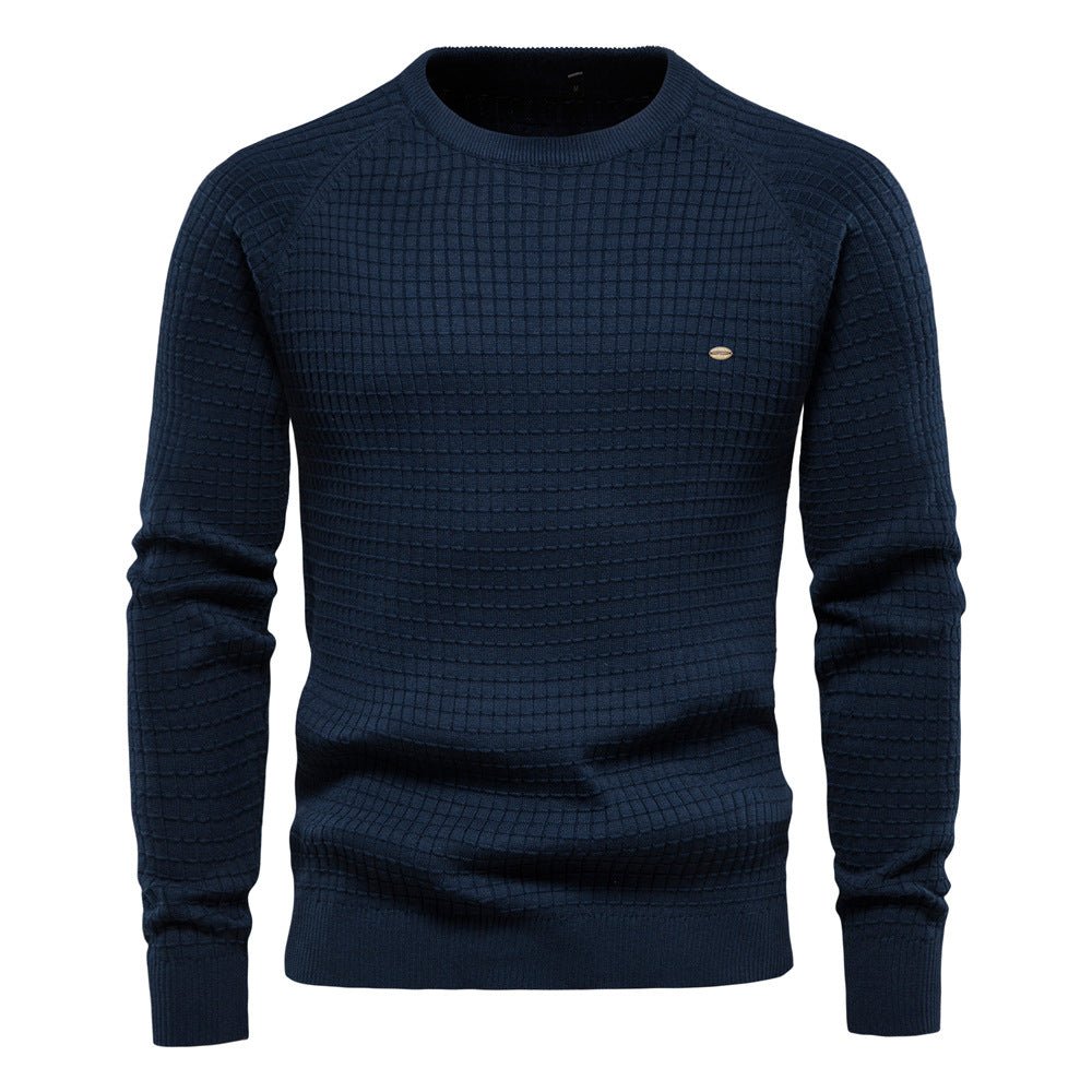 Marcus textured crew neck long sleeve sweater in navy, front view