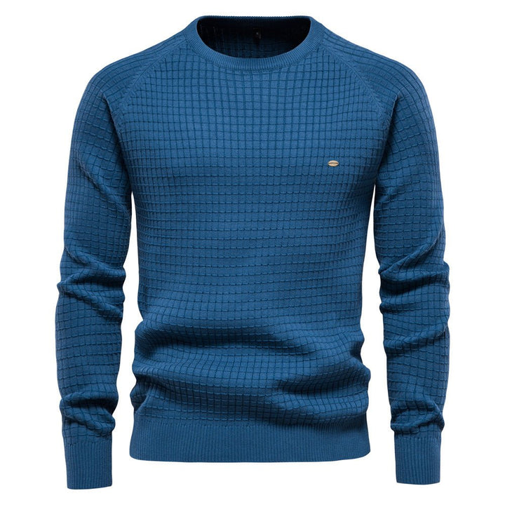 Marcus textured crew neck long sleeve sweater in blue, front view