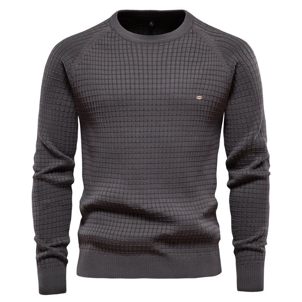 Marcus textured crew neck long sleeve sweater in dark gray, front view