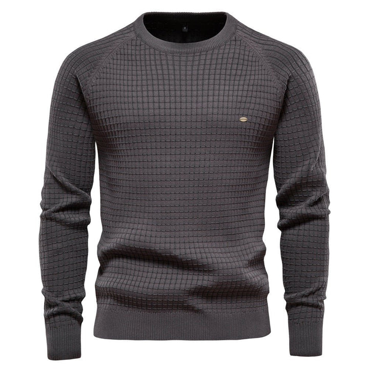 Marcus textured crew neck long sleeve sweater in dark gray, front view