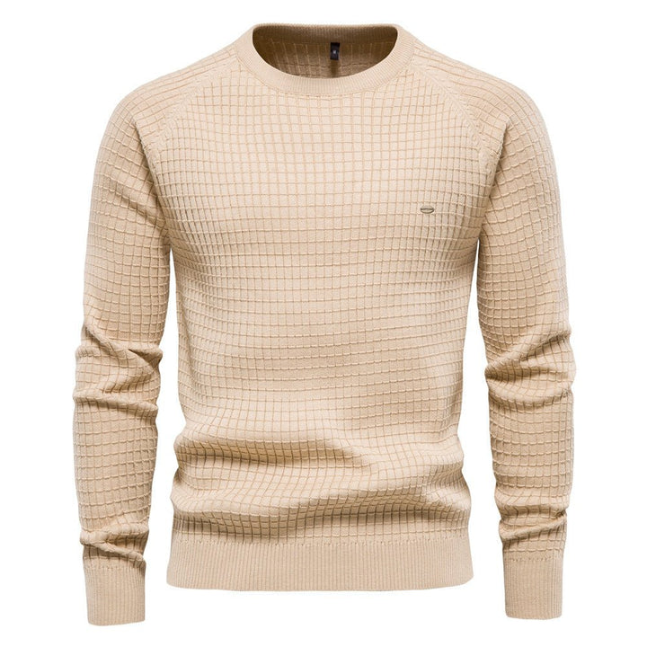 Marcus textured crew neck long sleeve sweater in beige, front view