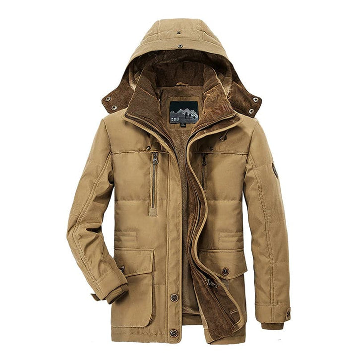 Nathaniel khaki hooded winter jacket with fleece lining, open front view