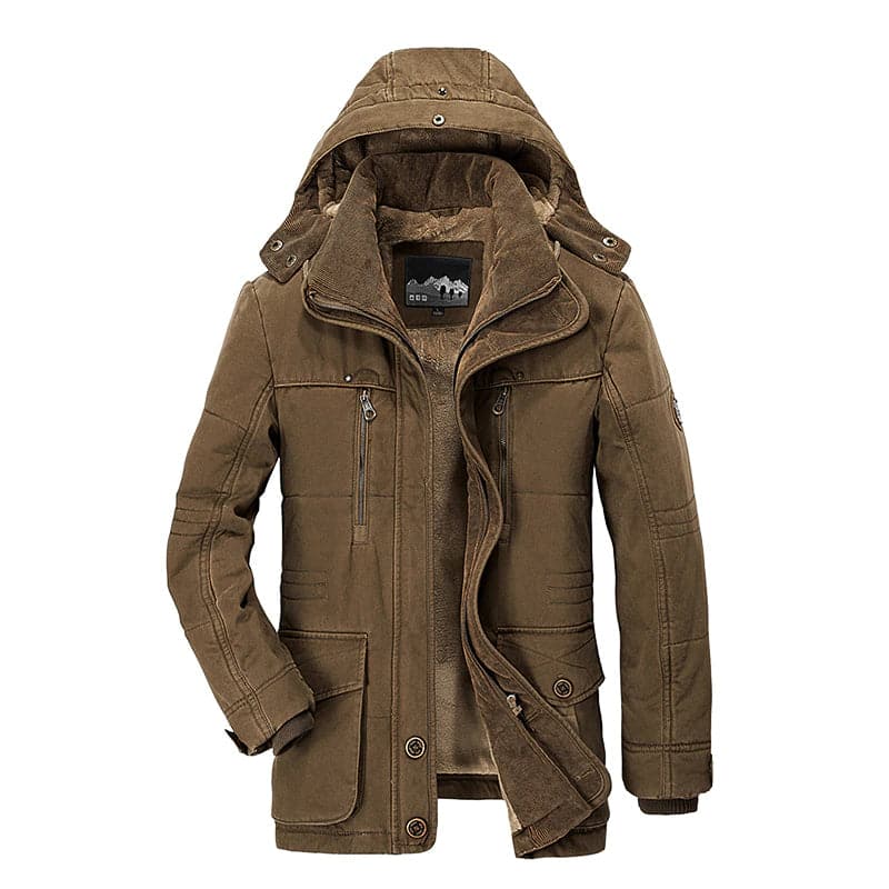Nathaniel brown hooded winter jacket, front view with hood up