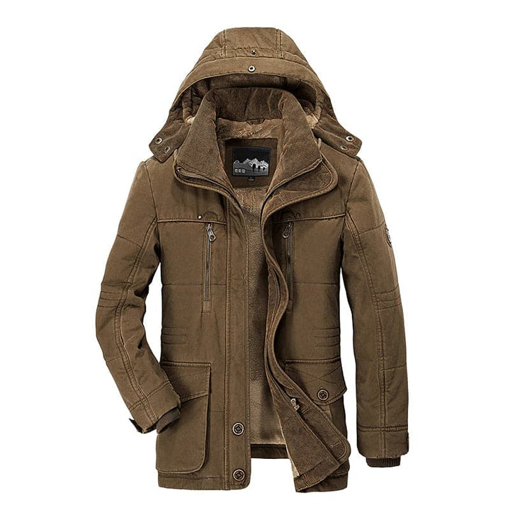 Nathaniel brown hooded winter jacket, front view with hood up