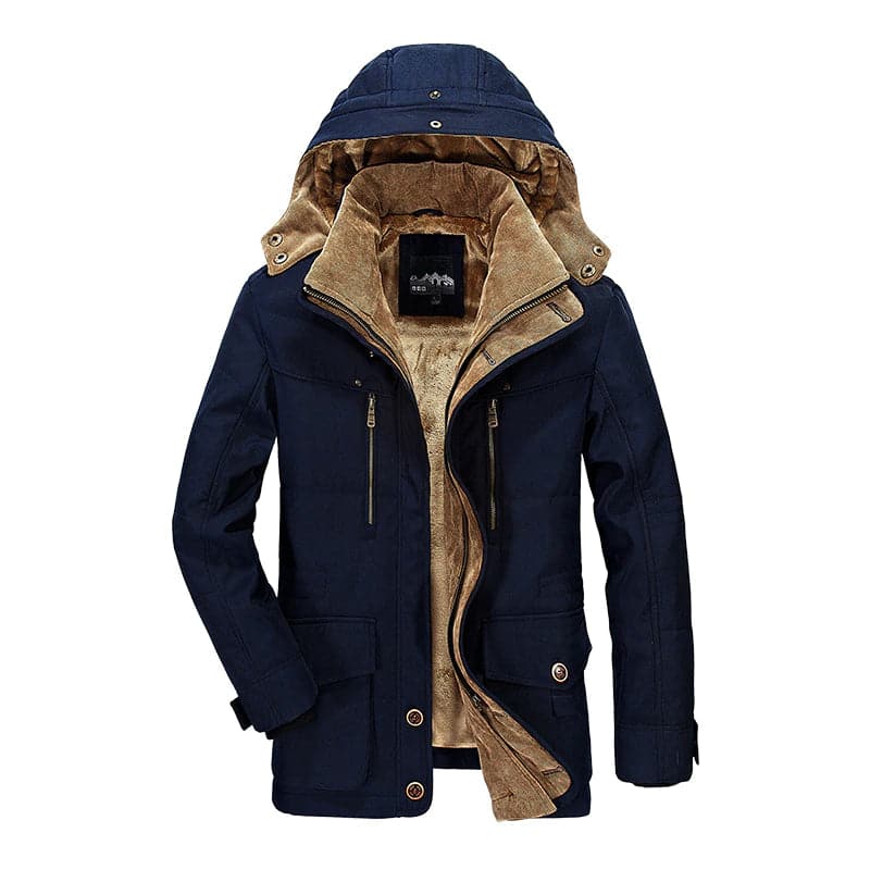 Nathaniel navy hooded winter jacket, open front view