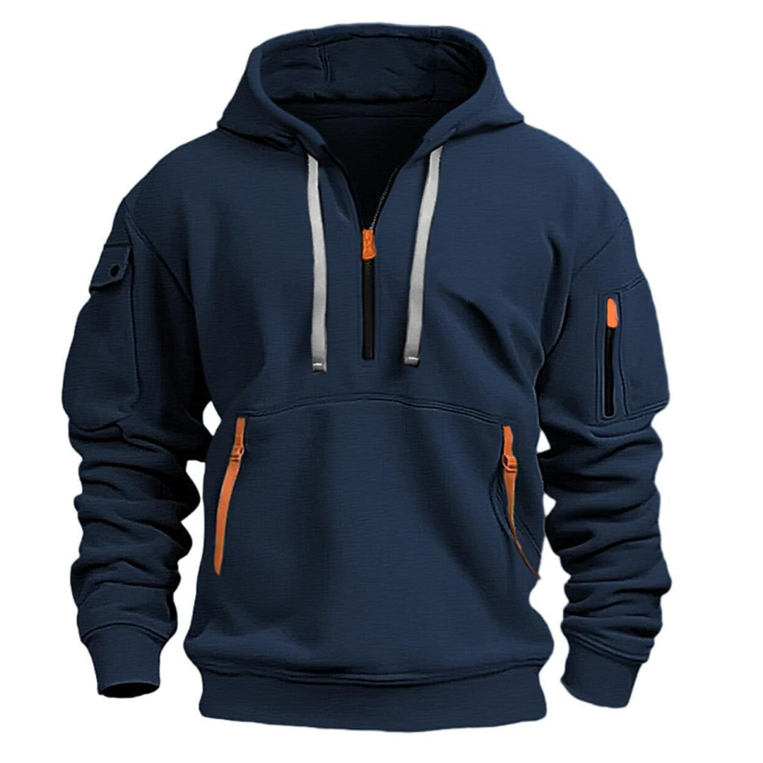 Nathaniel navy quarter-zip cargo pocket hoodie, front view