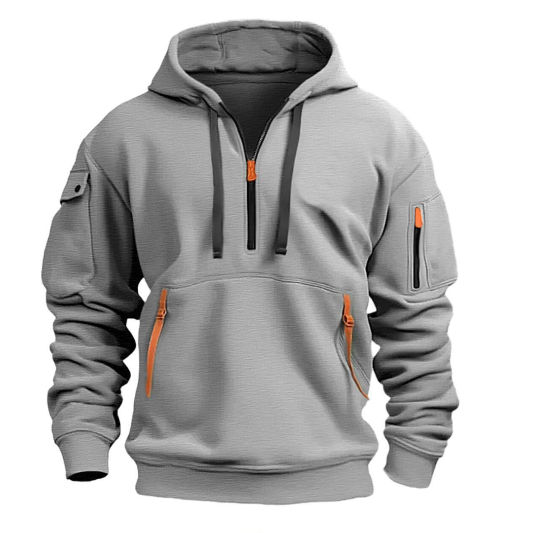 Nathaniel gray quarter-zip cargo pocket hoodie, front view