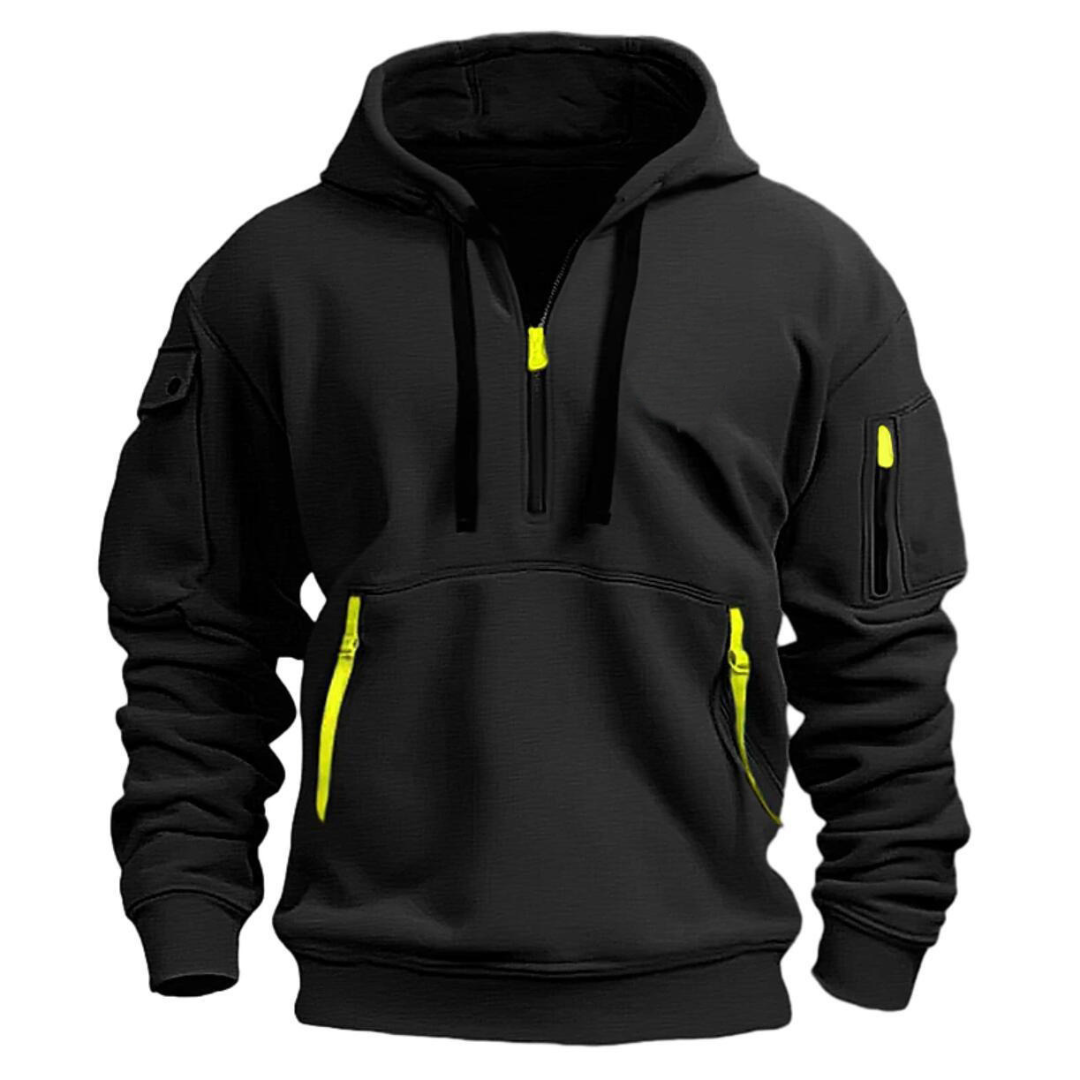 Nathaniel black quarter-zip cargo pocket hoodie, front view