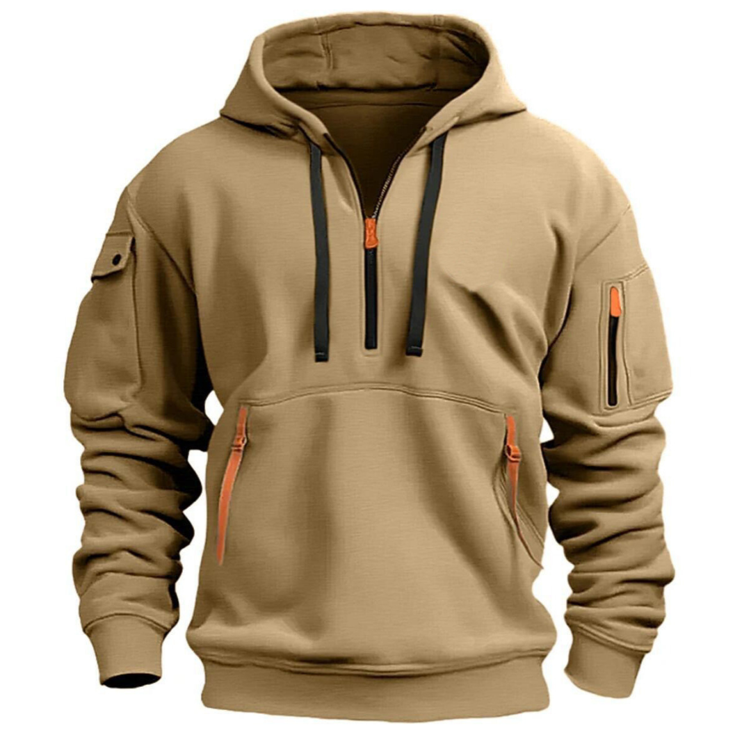 Nathaniel khaki quarter-zip cargo pocket hoodie, front view