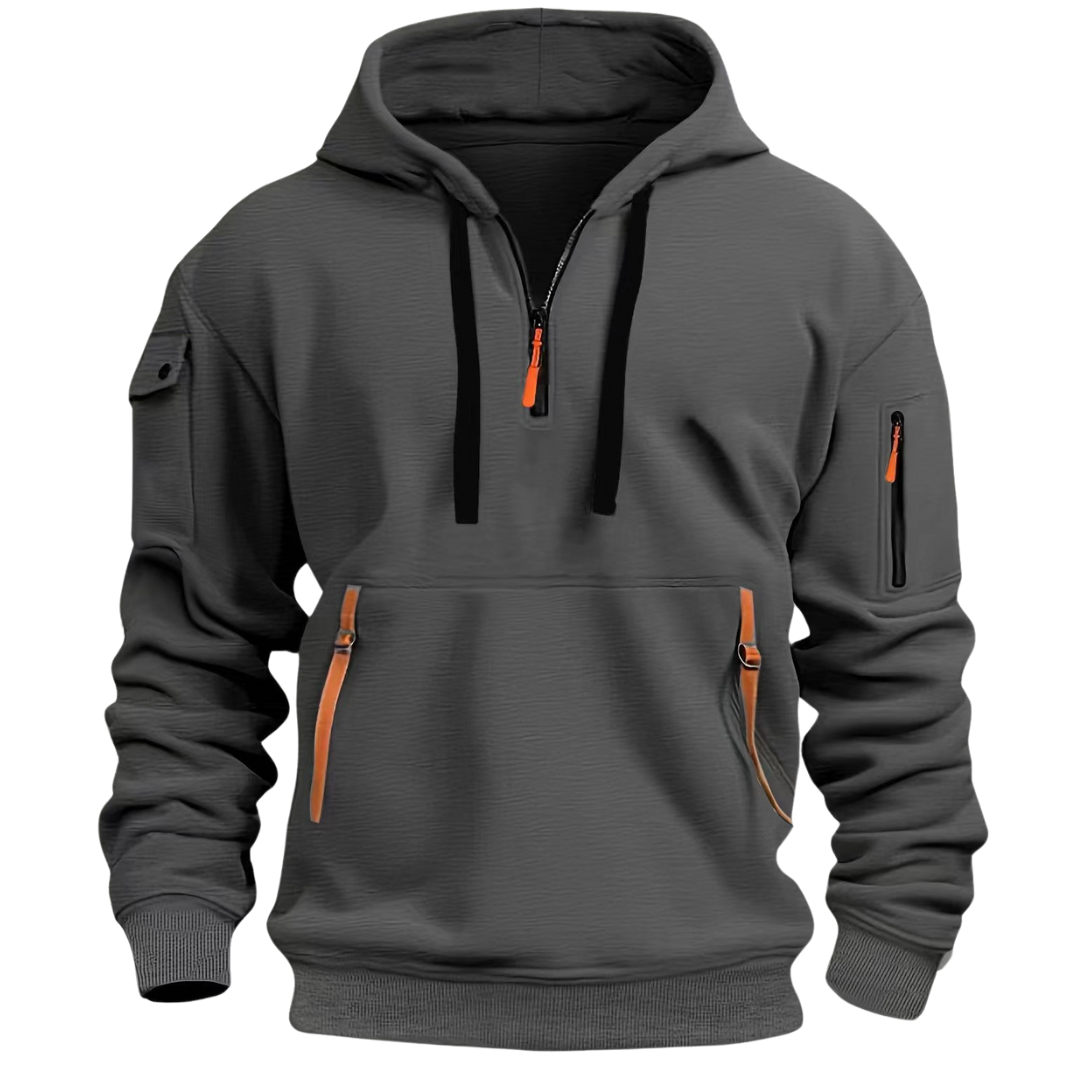Nathaniel dark gray quarter-zip cargo pocket hoodie, front view