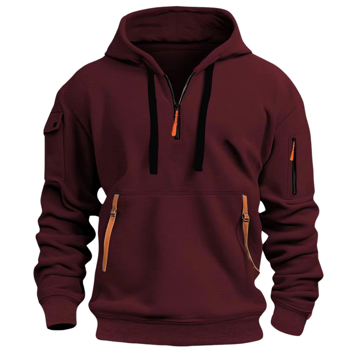 Nathaniel burgundy quarter-zip cargo pocket hoodie, front view