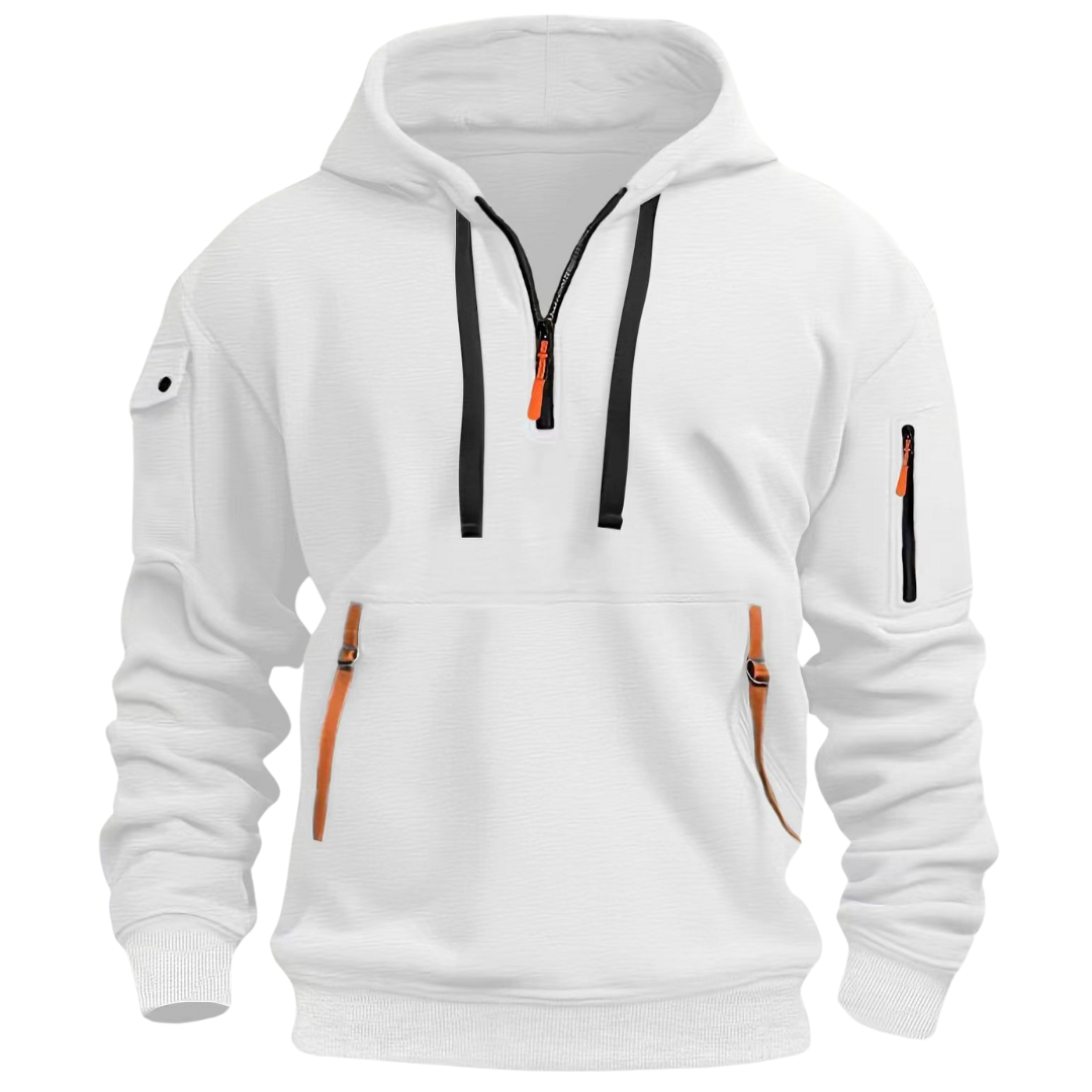 Nathaniel white quarter-zip cargo pocket hoodie, front view