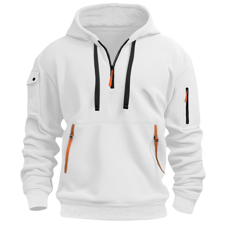 Nathaniel white quarter-zip cargo pocket hoodie, front view
