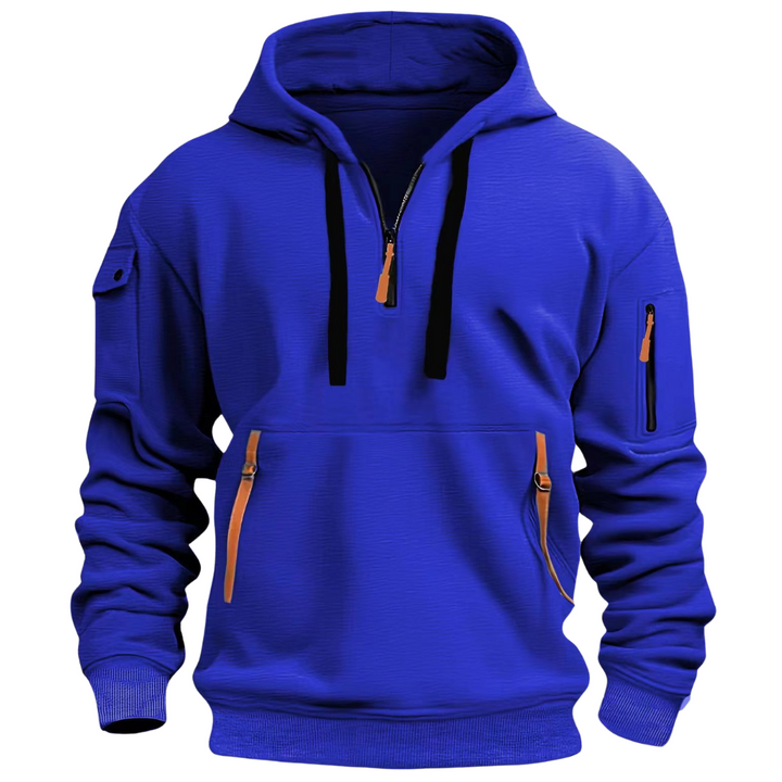 Nathaniel blue quarter-zip cargo pocket hoodie, front view