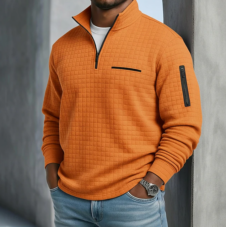 Nathaniel orange quarter-zip waffle knit pullover, front view