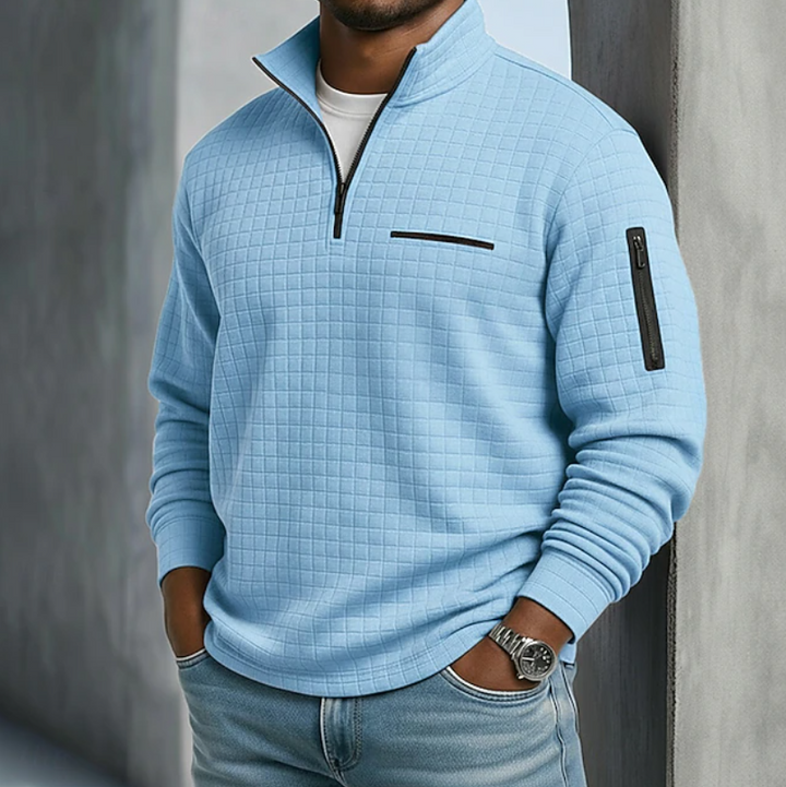 Nathaniel light blue quarter-zip waffle knit pullover, front view