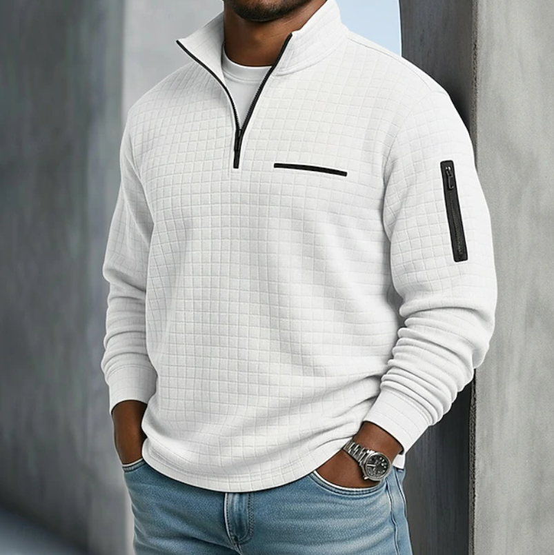 Nathaniel white quarter-zip waffle knit pullover, front view
