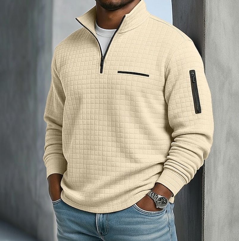 Nathaniel beige quarter-zip waffle knit pullover, front view