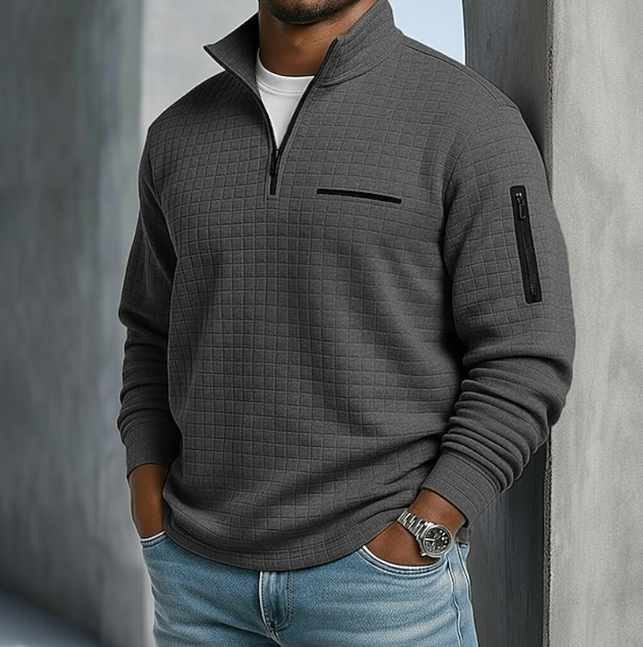 Nathaniel dark gray quarter-zip waffle knit pullover, front view