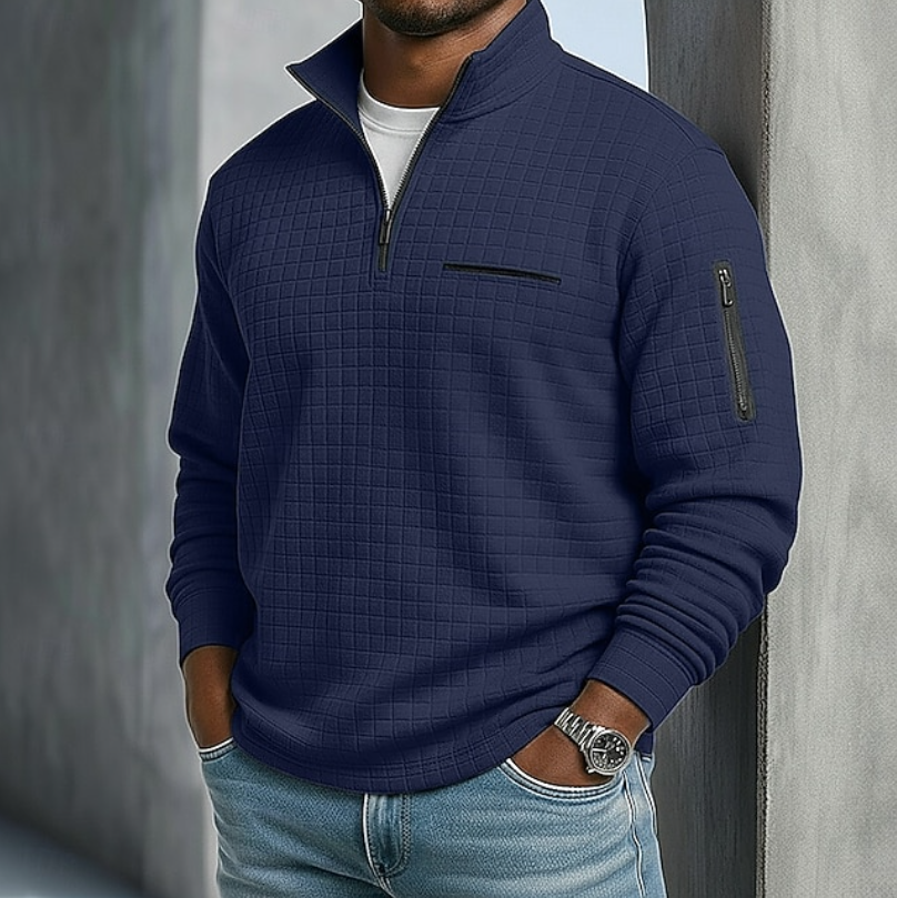 Nathaniel navy blue quarter-zip waffle knit pullover, front view