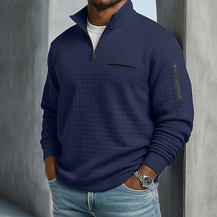 Nathaniel navy blue quarter-zip waffle knit pullover, front view