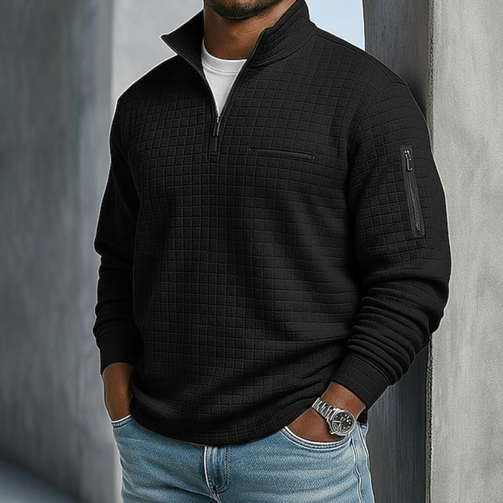Nathaniel black quarter-zip waffle knit pullover, front view