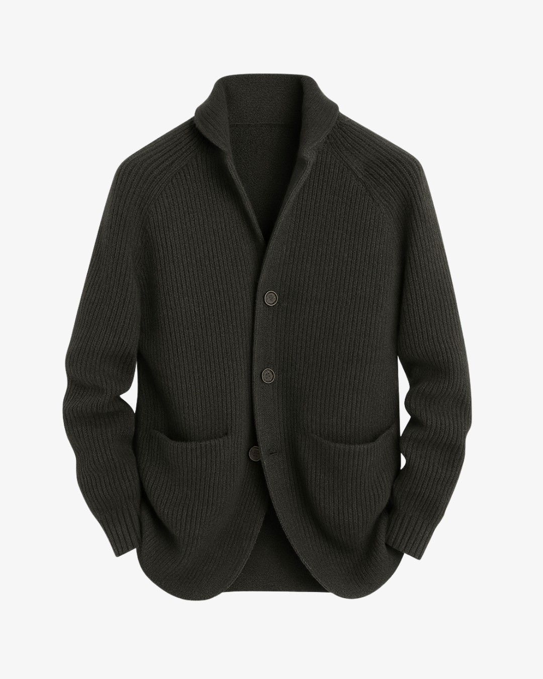 Nathaniel dark olive tailored knit cardigan, front view flat lay