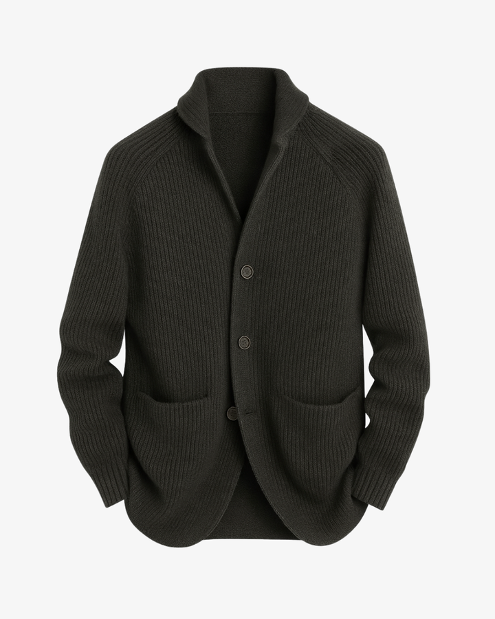 Nathaniel dark olive tailored knit cardigan, front view flat lay