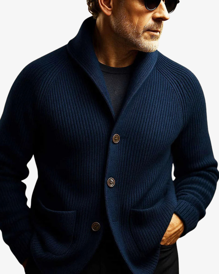 Nathaniel navy knit cardigan close-up, model wearing buttoned front