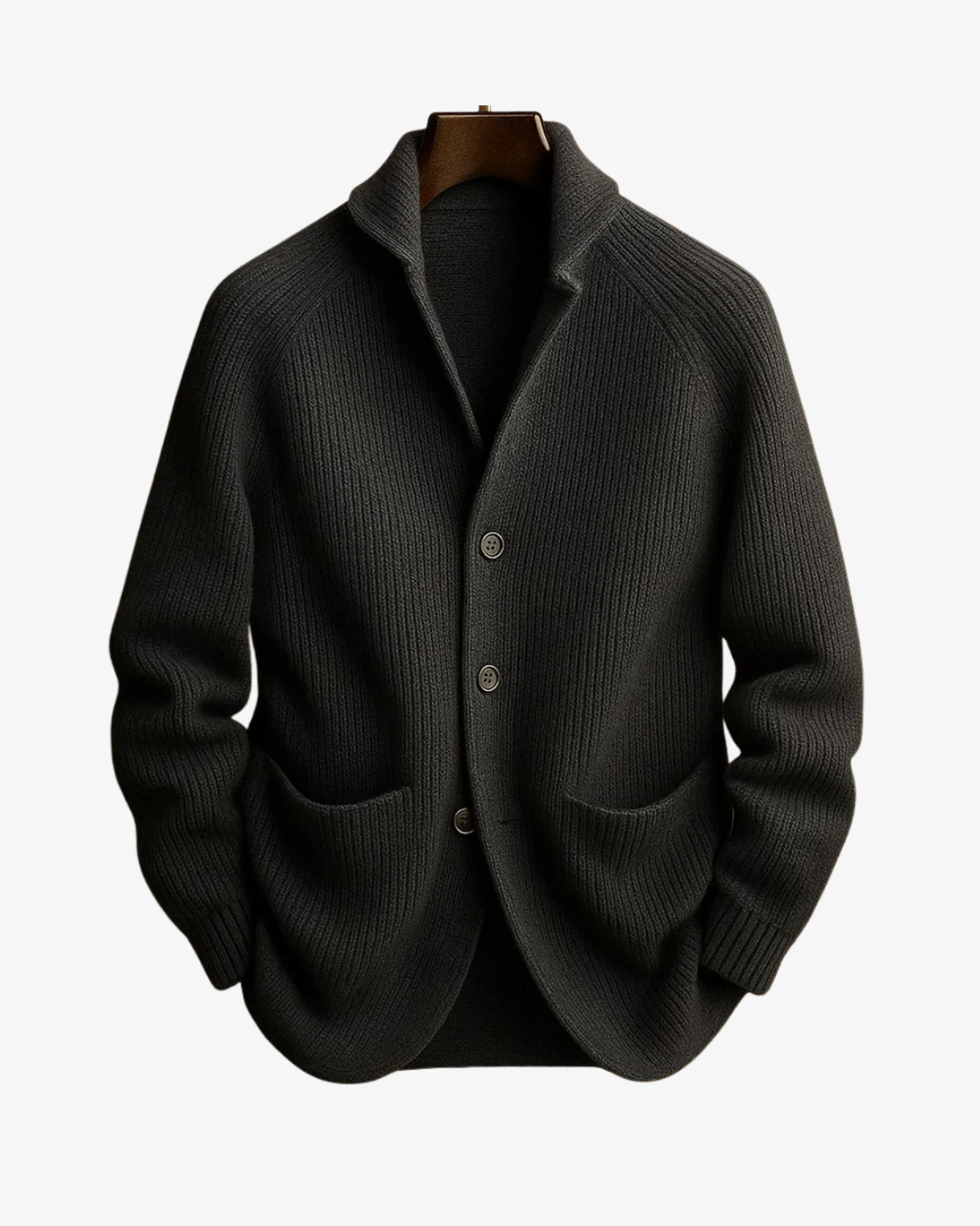 Nathaniel dark olive tailored knit cardigan on mannequin, front view