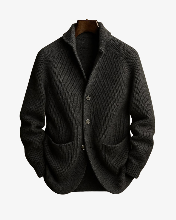 Nathaniel dark olive tailored knit cardigan on mannequin, front view