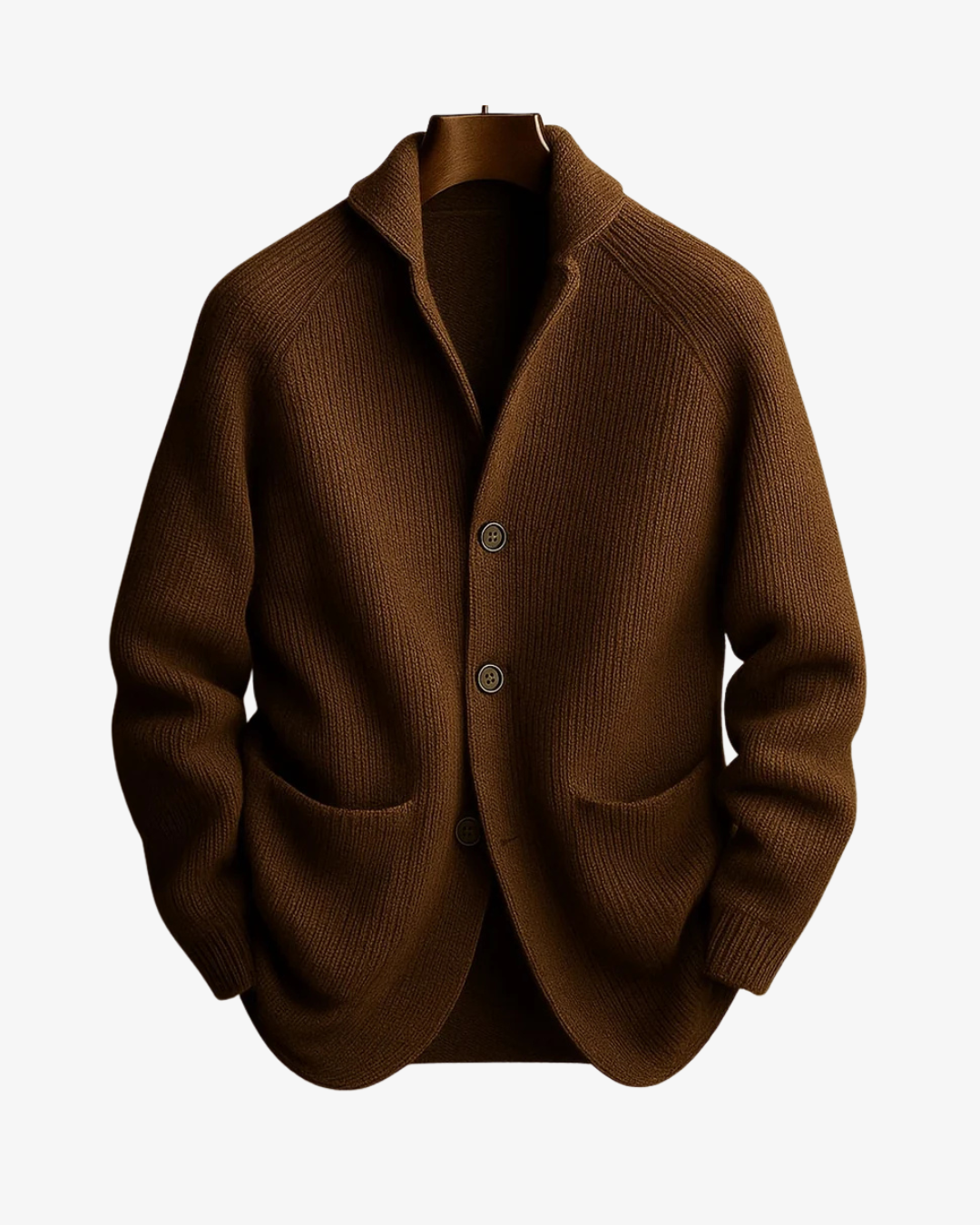 Nathaniel brown tailored knit cardigan on mannequin, front view