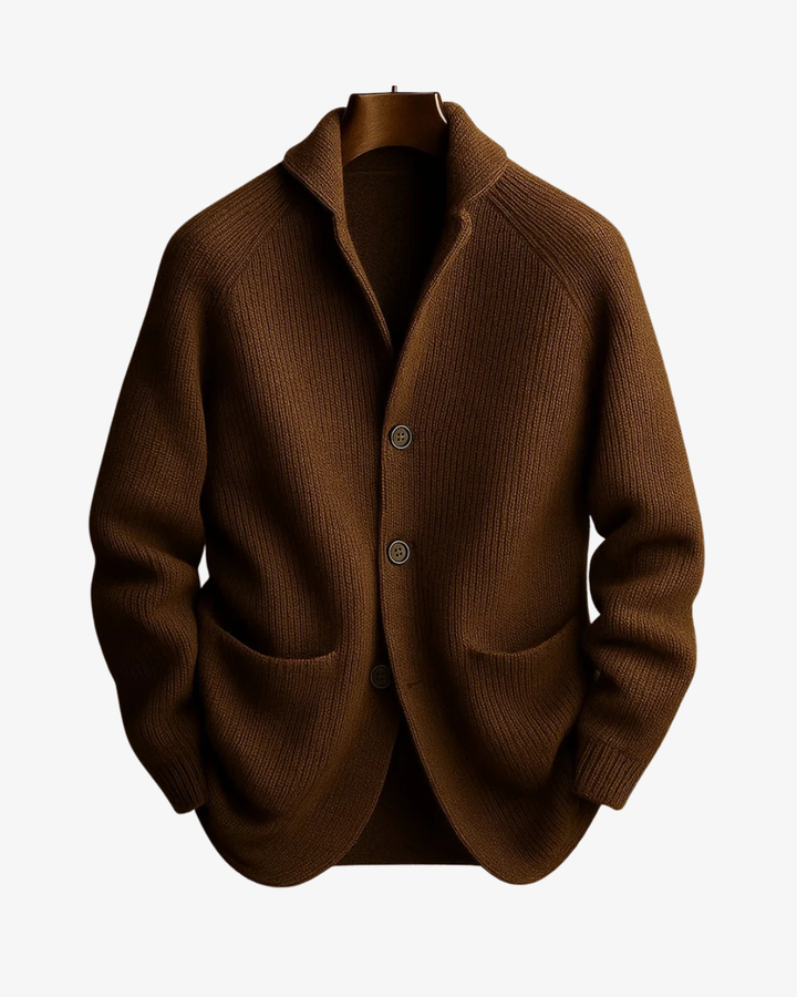 Nathaniel brown tailored knit cardigan on mannequin, front view