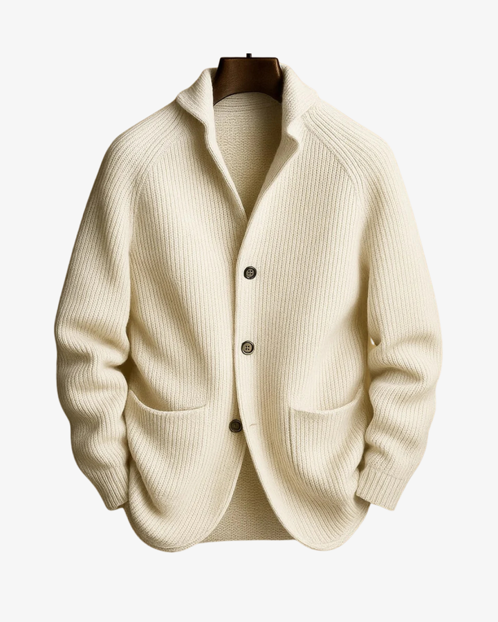 Nathaniel ivory tailored knit cardigan on mannequin, front view