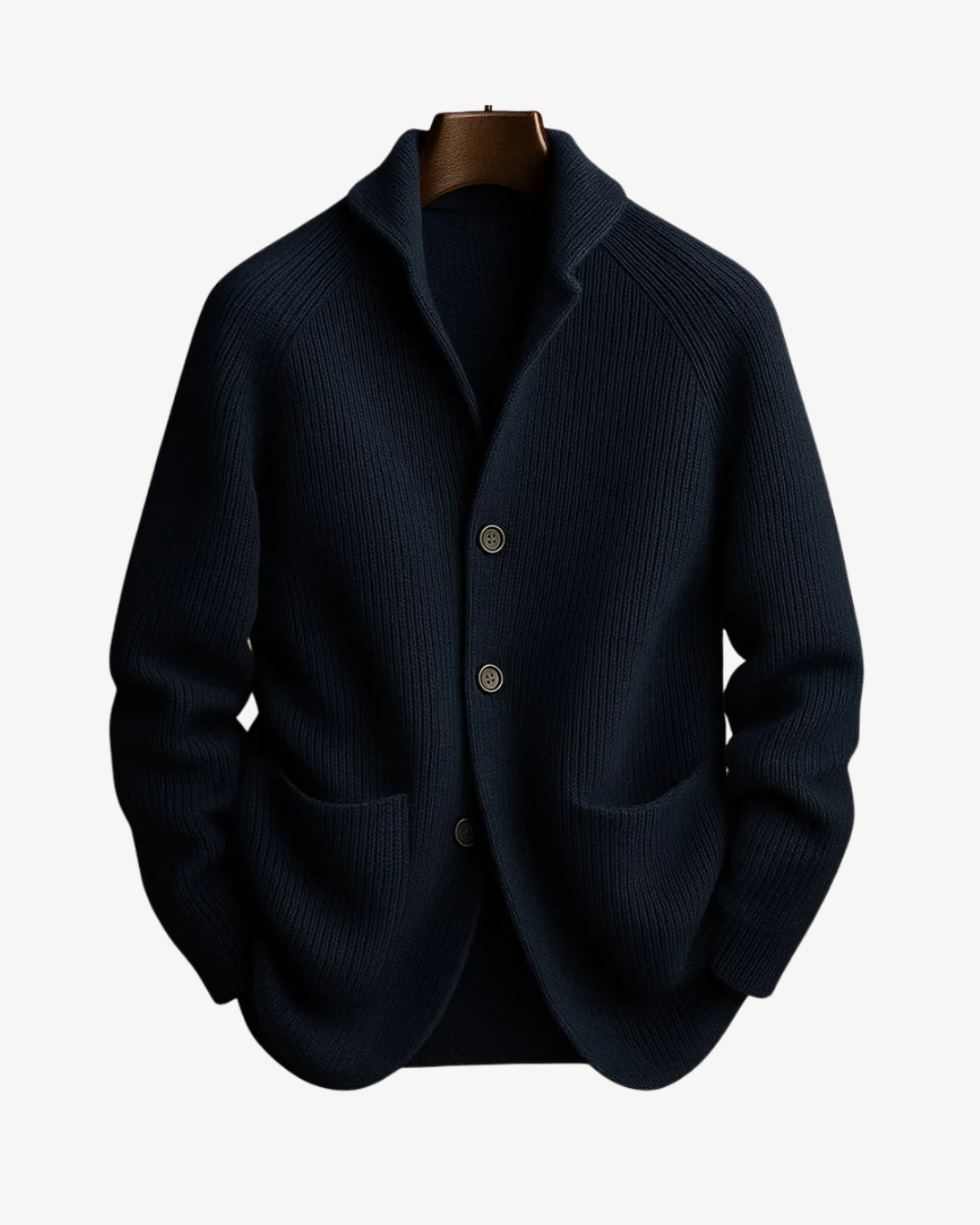 Nathaniel navy tailored knit cardigan on mannequin, front view