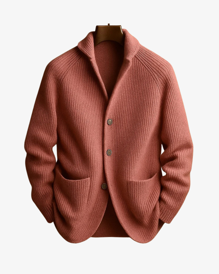 Nathaniel terracotta tailored knit cardigan on mannequin, front view