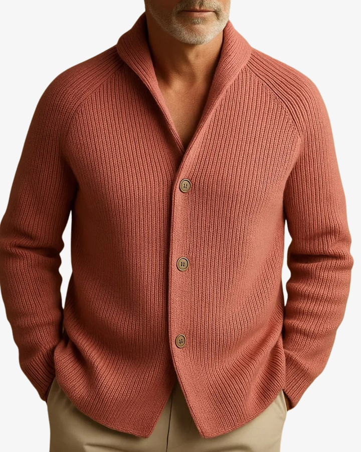 Nathaniel terracotta knit cardigan close-up, model wearing buttoned front
